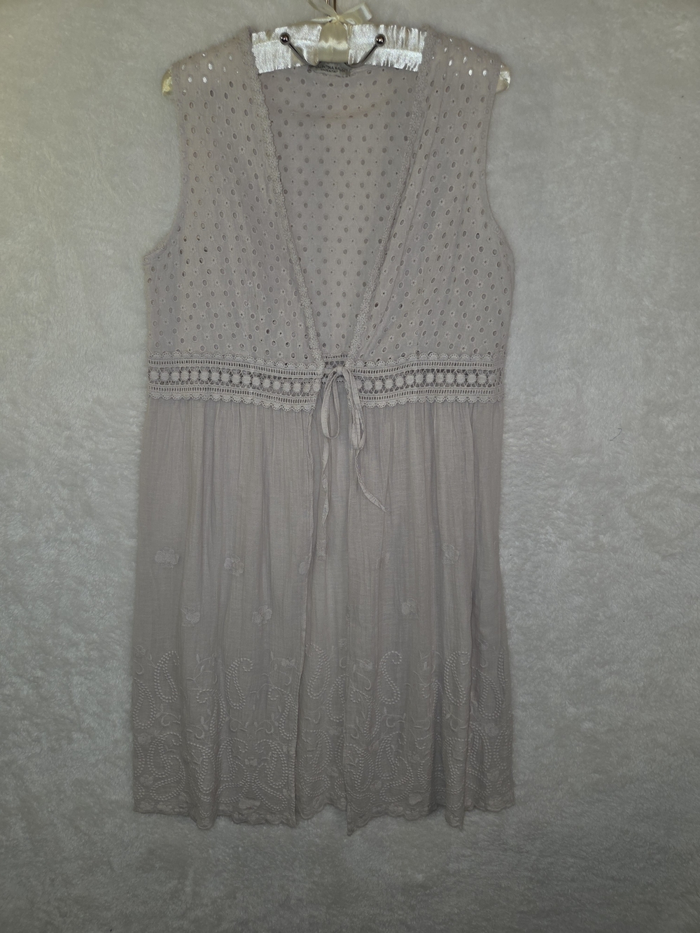 Valentina Naldi Italy Boho Eyelet Lace Tie Front Duster Vest Cover Up Beige